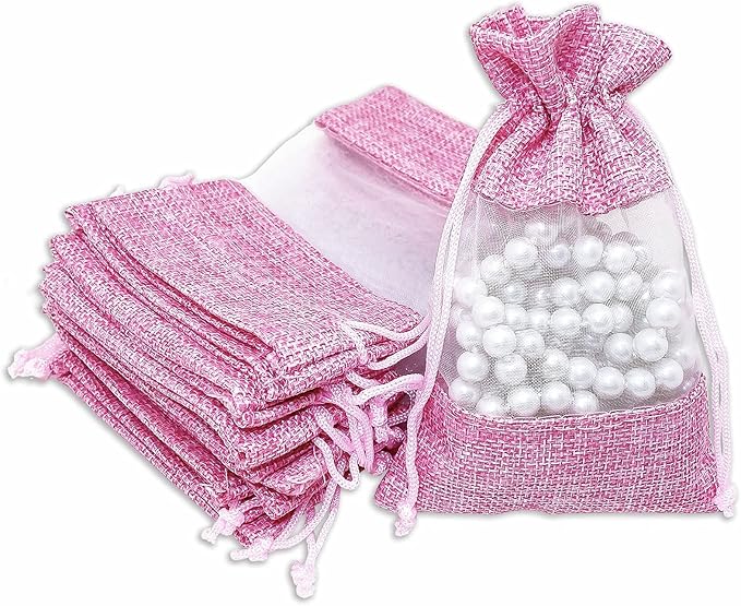 48-Pack Small Linen Burlap & Organza Gift Bags w. Drawstrings (3.5x5.5 in, Pink) - Party Favors, Presents, Samples & Treats Mesh Pouch by The Display Guys
