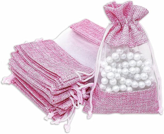 12-Pack Small Linen Burlap & Organza Gift Bags w. Drawstrings (3.5x5.5 in, Pink) - Party Favors, Presents, Samples & Treats Mesh Pouch by The Display Guys