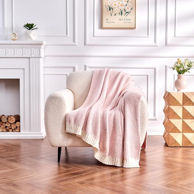 CozeCube Super Soft Fullfy Microfiber Reversible Knitted Blankets, Warm Cozy Fuzzy Plush Throw, Pink and White Melange Throw Blanket for Couch Bed Sofa, 60" x 80"