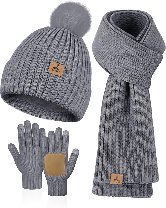 LOROME Women Winter Beanie Hat Scarf Gloves Set, Fleece Knitted Pompom Hat Warm Neck Scarf Touchscreen Gloves Winter Gift