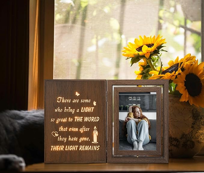 Rotating Wooden Memorial Picture Frame with Light Up Quote – Sympathy Gifts for Loss of Loved One, Bereavement Grief Condolences Gifts with 2 4x6 Inch