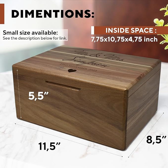 Personalized Wedding Keepsake Box Large - Acacia Wood Relationship Memory Box for Couples Keepsake, Custom Bridal Shower Gift, Engagement Gift Couple Wooden Gift Time Capsule, 11.5x8.5x5.5 in