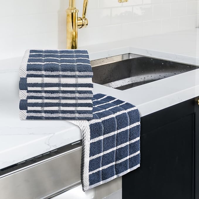 Urban Villa Dish Cloths Terry Cotton Pack of 6, Highly Absorbent Quick Drying Super Soft Premium Dish Towels for Kitchen with Hanging Loop Hand & Tea Towels - 12x12 Inch, (Blue & White, Checks)