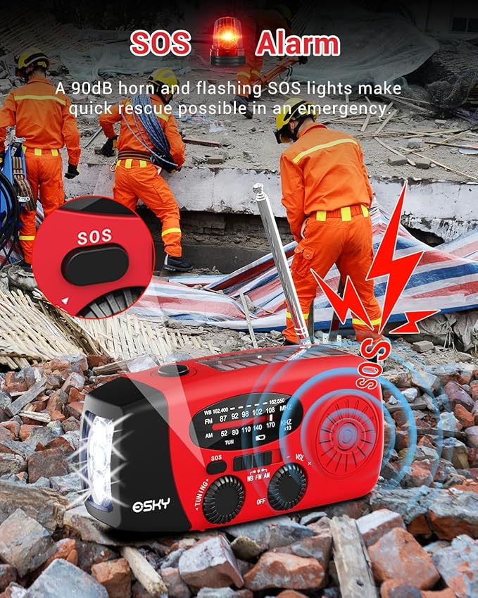 Esky Emergency Hand Crank Radio 7400mWh with 3 LED Flashlight, AM/FM/NOAA Portable Weather Radio with Rechargeable 2000mAh Battery, Solar Powered Radio for Indoor Outdoor Survival Camping, SOS Alarm