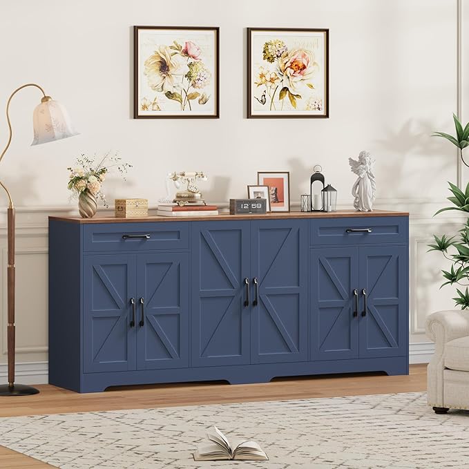 71” Large Sideboard Buffet Cabinet with Storage, Farmhouse Kitchen Buffet Cabinet with Adjustable Shelves and 6 Barn Doors, Wood Coffee Wine Bar Console Table for Kitchen, Dining Room, Navy Blue
