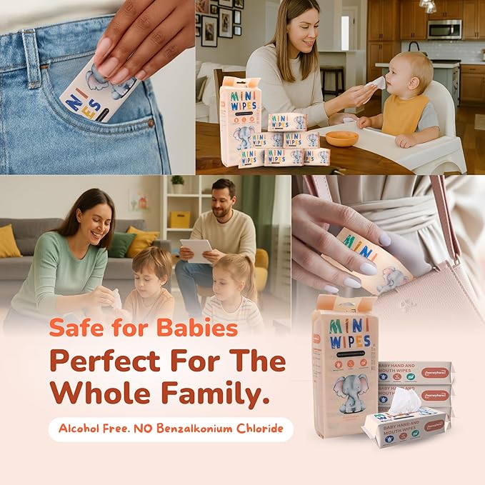 Mini Wet Wipes - Alcohol & Fragrance Free, Safe for Babies & Kids - 16 Bags Total 128 Wipes (Sunset Elephant)