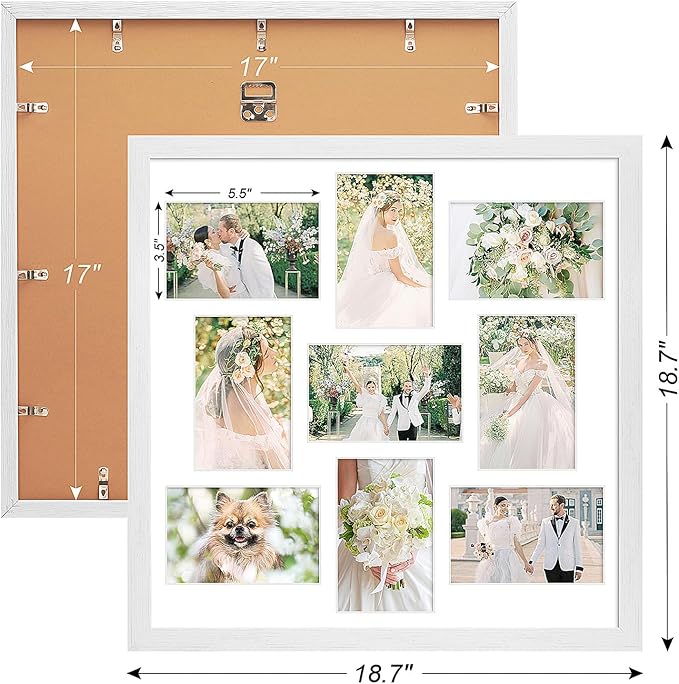 17x17 Collage frame with 9 Openings 4X6 Pictures, Multiple Picture Frame with Mat, Wall or Tabletop Decor, White Wood Grain,2 Pack
