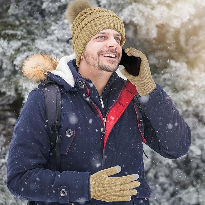 Aneco Womens Winter Warm Sets Knitted Fur Pompoms Beanie Hat Circle Loop Scarf Touch Screen Gloves Winter Favor Accessories