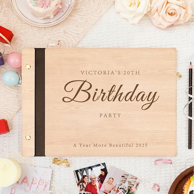 Personalized Wooden Photo Album, Retro Photo Scrapbook Album, Custom Birthday Guest Book, DIY Birthday Journal Baby Memory Family Grandson Unique Keepsakes Gift