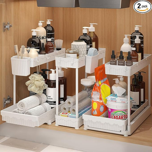 3 Pack Multi-Purpose Under Sink Organizers and Storage, 2026 L-Shaped Pull Out Cabinet Organizer for Bathroom & Kitchen, Under Cabinet Organizer with Hooks Hanging Cup (White, 12.85 inch)