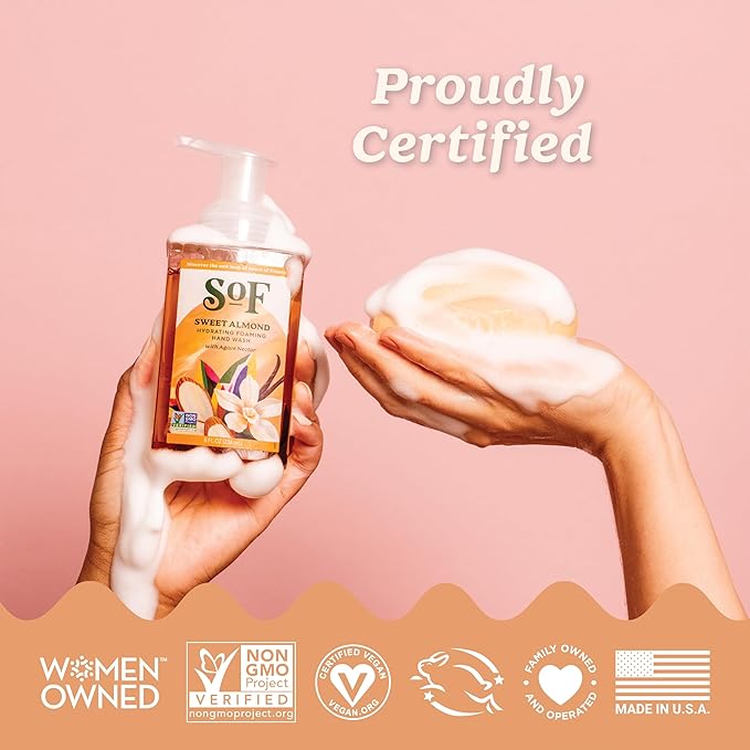 SoF Hydrating Foaming Hand Wash - With Organic Agave Nectar & Coconut Oil- Vegan & Non GMO- Free From Phthalates, Sulfates & Parabens- Sweet Almond - 8 oz Bottle 3 Pack