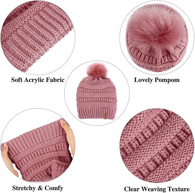 Aneco Womens Winter Warm Sets Knitted Fur Pompoms Beanie Hat Circle Loop Scarf Touch Screen Gloves Winter Favor Accessories