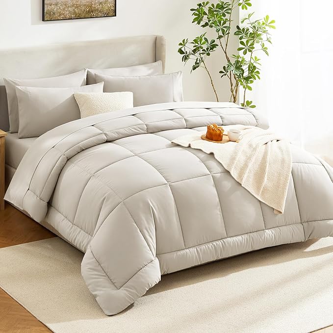 CozyLux Queen Comforter Set Beige, 7 Pieces Bed in a Bag, Beige Comforter Queen Size, All Season Bedding Sets with Stitch Quilted Comforter, Flat Sheet, Fitted Sheet, Pillowcases