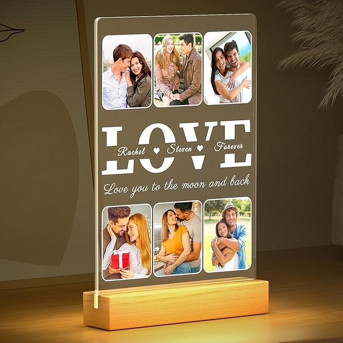 Personalized Picture Frames with Photo, Custom Photo Frame with Night Light, Personalized Photo Gifts, Customized Christmas Anniversary Couples Gifts for Women Men Girlfriend Boyfriend Her Him