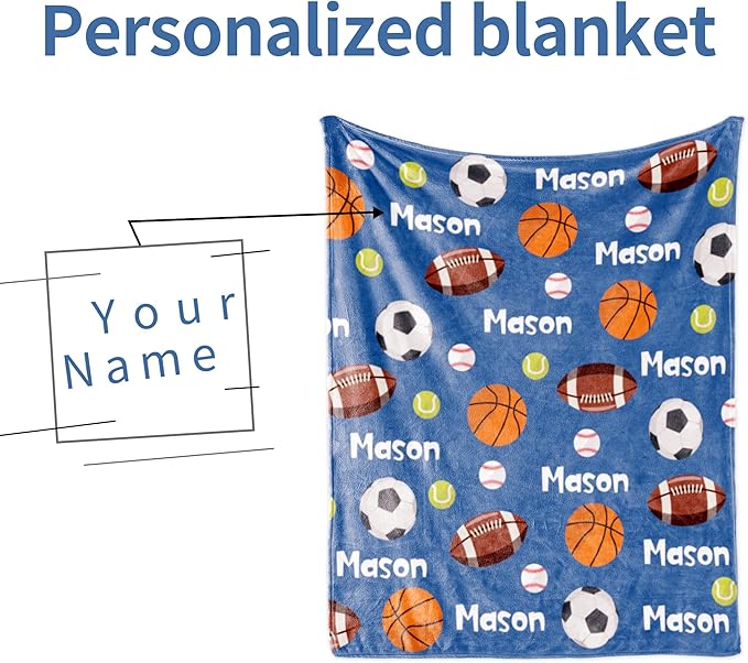 Personalized Ball Blanket with Name for Boys, Custom Name Blanket for Teen Ball, Soft Flannel Ball Blankets Customized Gift for Birthday 50"x60"