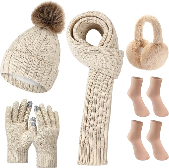 Geyoga 6 Pcs Winter Warm Set for Women Warm Beanies Hats Touchscreen Gloves Long Scarf Ear Muffs Socks Winter Gifts for Women