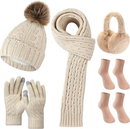 Geyoga 6 Pcs Winter Warm Set for Women Warm Beanies Hats Touchscreen Gloves Long Scarf Ear Muffs Socks Winter Gifts for Women