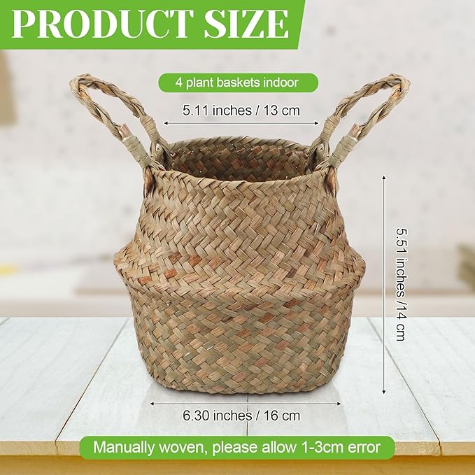 Qunclay 4 Pcs Woven Seagrass Baskets Belly Basket Folding Boho Natural Plant Pot with Handles Round Decorative Wicker Large Indoor Planter for Home Outdoor Tree Planters Decor (5.5 x 6.3 Inch)