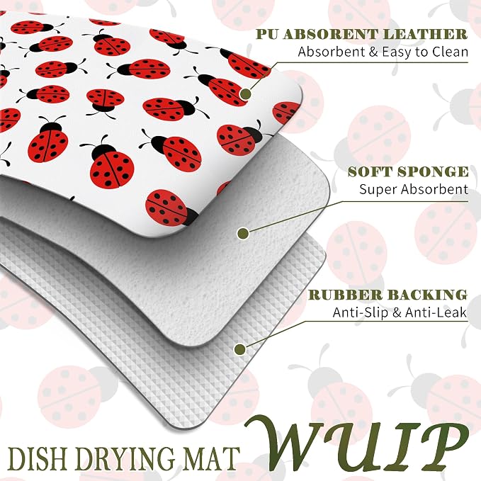Red Ladybug Dish Drying Mats for Kitchen Counter, Ladybug Themed Gifts, Cute Lady Bug Absorbent Reversible Coffee Bar Mat Drying Pad for Kitchen Decor, 12x15 Inch