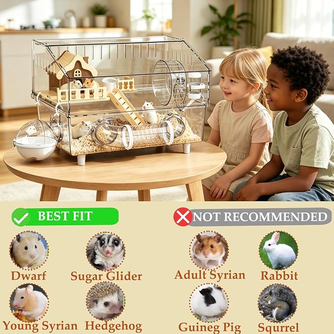 All in 1 Hamster Cage with Tunnel and 7 Accessories,Clear Acrylic Small Animal Habitat for Dwarf Hamster,Gerbil,Hedgehog(17.7"*11.8"*13.4")