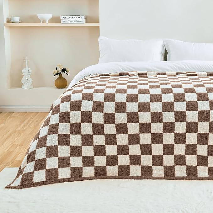 CozeCube Super Soft Fullfy Microfiber Reversible Knitted Blankets, Warm Cozy Fuzzy Plush Throw, Dark Brown and White Checkered Throw Blanket for Couch Bed Sofa, 50" x 60"