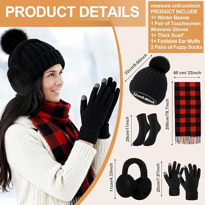 Geyoga 6 Pcs Winter Hat Scarf Gloves Set Knitted Touchscreen Gloves Plaid Scarf Earmuffs Socks Gift for Women Men
