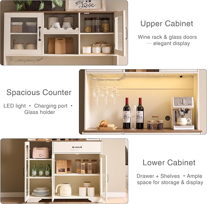 Fatmok 71" Tall Pantry Cabinet, Coffee Bar Storage Cabinet with Charging Station & LED Lights, Kitchen Hutch Food Pantry Cabinet with Wine Rack, Drawer, Adjustable Shelves & Microwave Stand, White