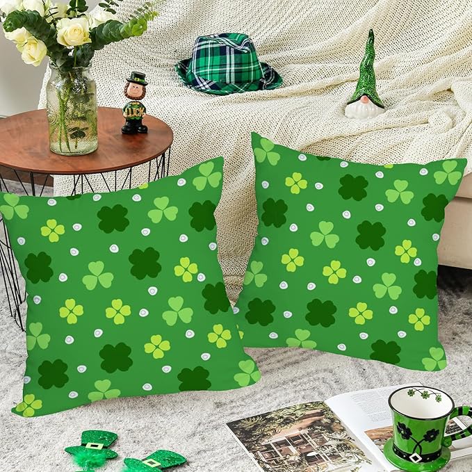 Fukeen 2 Pack Waterproof St Patrick’s Day Pillow Covers 24x24 Inch Lucky Clover Shamrocks Green Leaves Holiday Throw Pillow Cases Spring Farmhouse Decorations Cushion Cover Double Sided