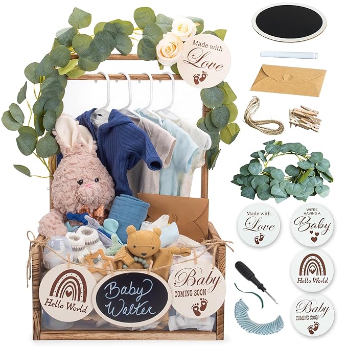 Wooden Baby Shower Crate Closet with Clear Acrylic Front - Customizable Wooden Crate Box with Dual Rod System, Easy Assembly Baby Baskets and Gift Display for Baby Shower (Burnt Wood)