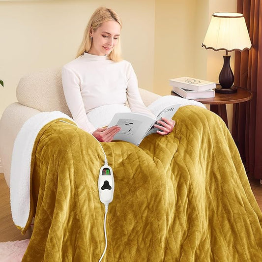 greenoak Heated Blanket Electric Twin 62"X84", Heating Blankets with 10 Levels 8 Hours Auto-Off, Soft Flannel Sherpa Fluffy House Warming Gifts for Grandma Seniors Mom,Brownish Yellow