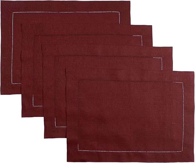 D'Moksha Homes Linen Placemats Set of 4 - Classic Hemstitch Dark Red Placemats 14 x 19 Inch - 100% Pure Linen Table Mats for Fall, Thanksgiving, Christmas, Holiday - Handcrafted and Machine Washable