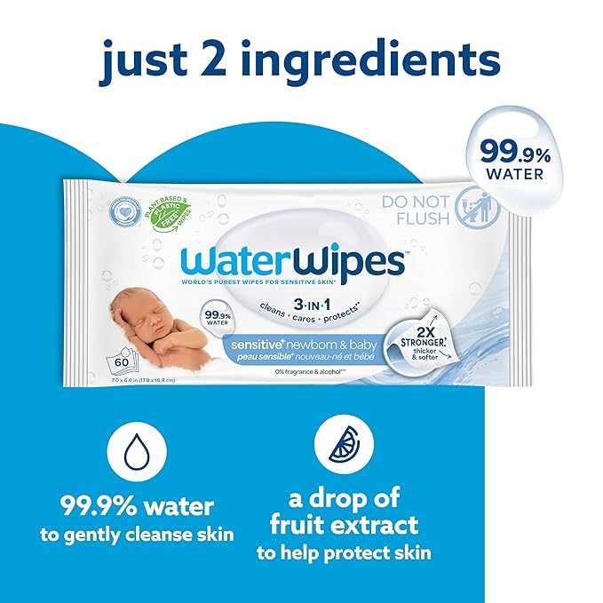 WaterWipes Sensitive+ Newborn & Baby Wipes, 3-In-1 Cleans, Cares, Protects, 99.9% Water, Unscented & Hypoallergenic, 180 Count (3 Packs)