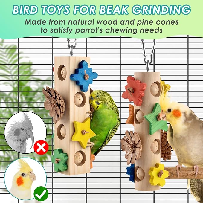 DBNESS Bird Toys for Parrot, 2 Pcs Hanging Colorful Wood Blocks Pinecones Parakeet Chew Foraging Toy for Beak-Grinding, Cage Accessories for Small to Medium Budgies, Cockatiels, Caiques, Conures