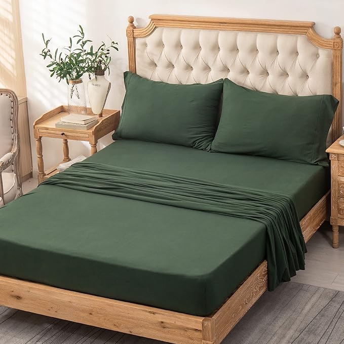 PURE ERA Jersey Knit 3pc Bed Sheet Set 100% T-Shirt Heather Cotton Super Soft Comfy Breathable Fits Mattress Up to 20" Extra Deep Pocket (Forest Green, Twin)