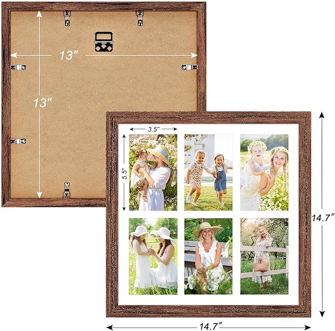 13x13 Collage frame with 6 Openings 4X6 Pictures, Multiple Picture Frame with Mat, Wall or Tabletop Decor, Carbonized Brown Wood Grain,2 Pack