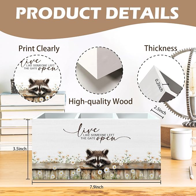 DILSJ Raccoon Inspirational Pen Pencil Holder Organizer For Desk, Raccoon Gifts, Rustic Floral Live Like Someone Left The Gate Open Wooden Box Signs For Home Office Desk Tabletop Decoration