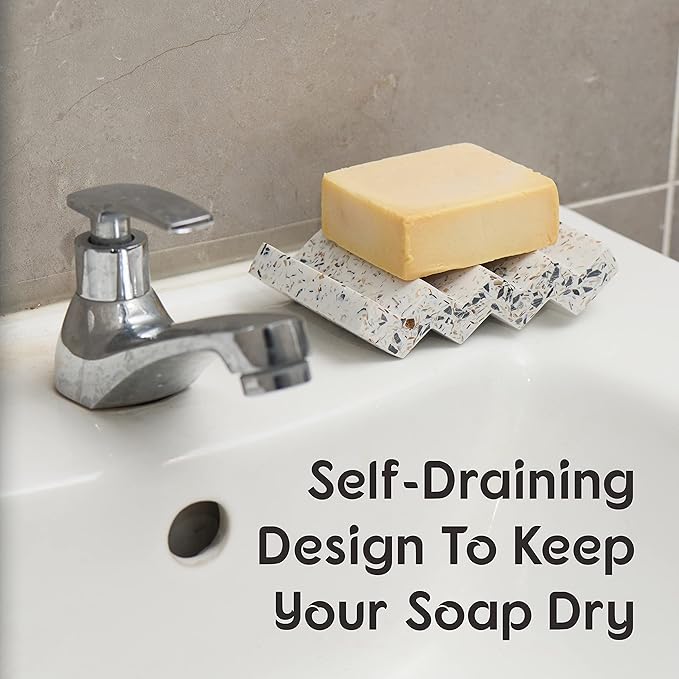 Zig Zag Terrazzo Stone Soap Dish for Bathroom Sink - Concrete Soap Saver for Bar Soap Holder for Shower - Sponge Holder - Self Draining Soap Dish Holder - Kitchen Soap Tray (White)