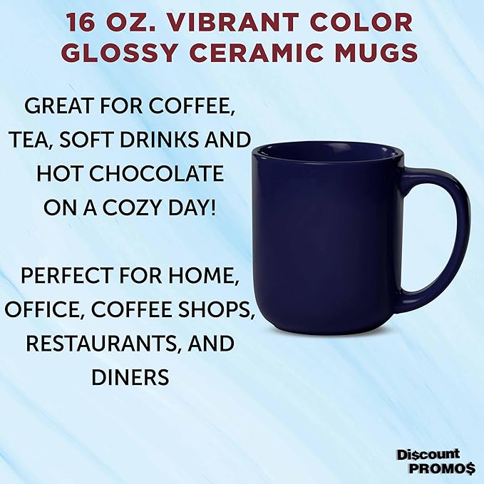 DISCOUNT PROMOS Vibrant Color Glossy Ceramic Mugs 16 oz. Set of 10, Bulk Pack - Perfect for Tea, Espresso, Cappuccino, Hot Cocoa - Cobalt Blue