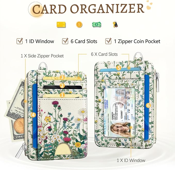Kelvoris Credit Card Holder Small Wallet Women, Slim RFID, Wildflower | Keychain, Zipper Coin Pocket, Front Pocket Thin Travel Card Case, Minimalist, 6 Card Slots, 1 ID Window, Ladies Gifts Woman