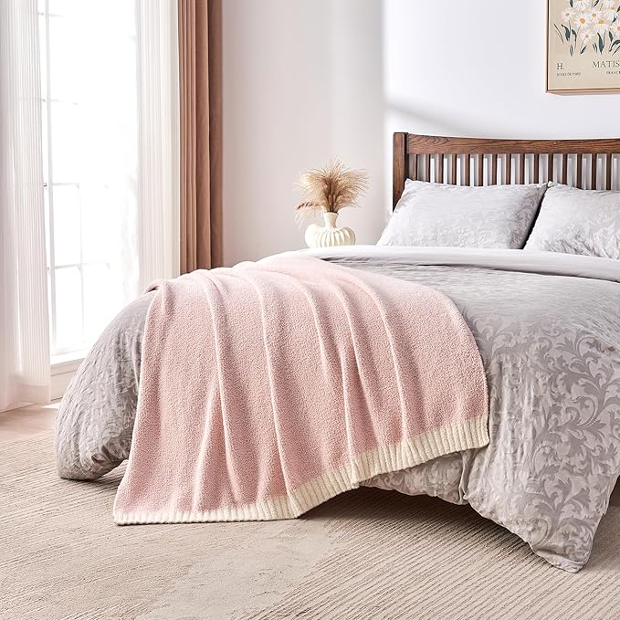 CozeCube Super Soft Fullfy Microfiber Reversible Knitted Blankets, Warm Cozy Fuzzy Plush Throw, Pink and White Melange Throw Blanket for Couch Bed Sofa, 50" x 60"