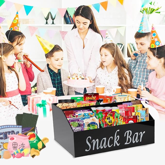 Snack Organizer for Countertop - Acrylic Storage Container With 4 Compartments for Kitchen Cabinet Pantry - Black Snack Bar Station