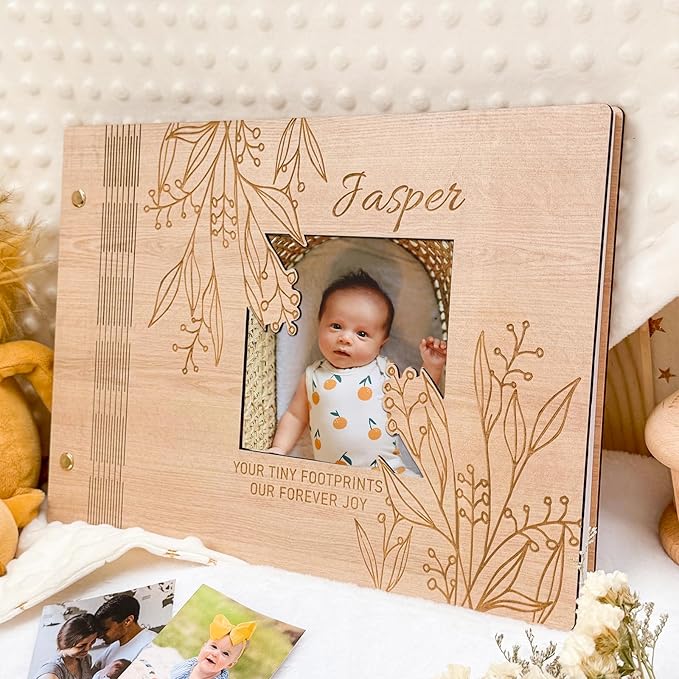 Personalized Baby Photo Album - Wooden Baby Memory Book - Custom Name Baby Scrapbook,Baby Album and Memory Book - Unique Newborn Baby Gift for New Parents