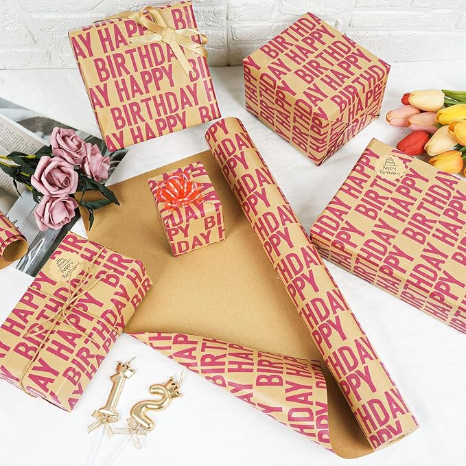 MAMUNU Birthday Wrapping Paper Roll, Red and Brown Kraft Happy Birthday Wrapping Paper Jumbo Roll, Gift Wrap Paper Set for Men Women Boys Girls, 17x590 Inch (70 sq. ft.)