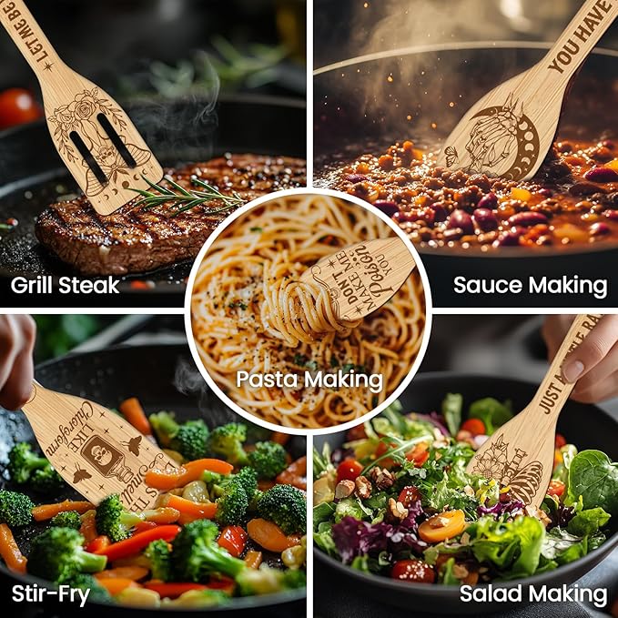 CUTHOLLOW 6PCS Skeleton and Moon Wooden Kitchen Cooking Utensil Set, 11.9in Non Toxic Bamboo Wood Spoon Set for Cooking, Best Housewarming Halloween Decor Gift for Women Mother