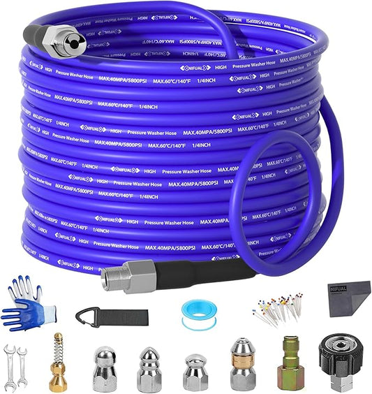 NIFUAL 50FT Sewer Jetter Kit for Pressure Washer, 5800PSI Pressure Drain Cleaner Hose 1/4 Inch NPT Corner, Rotating and Button Hose Sewer Jetting Nozzle Waterproof Tape Pearl Corsage Pin Spanner Glove