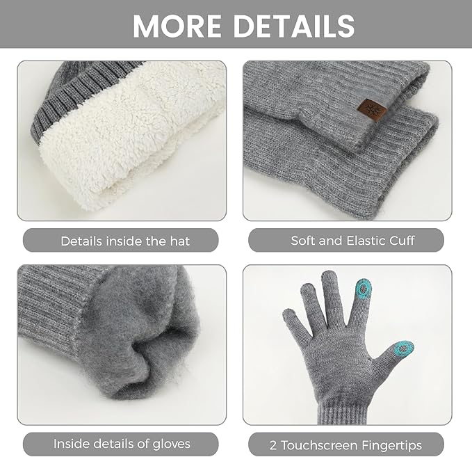 Womens Winter Beanie Hat Scarf Gloves Set, Knit Touch Screen Gloves Long Scarf Skull Caps Fleece Lined Winter Gift
