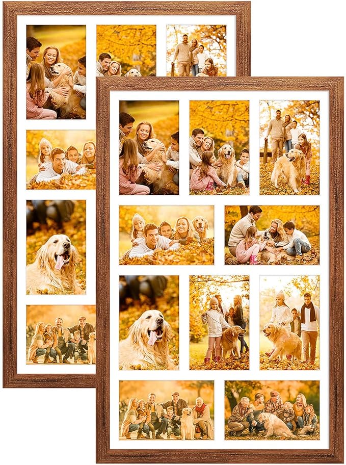 13x21 Collage frame with 10 Openings 4X6 Pictures, Multiple Picture Frame with Mat, Wall or Tabletop Decor, Carbonized Brown Wood Grain,2 Pack