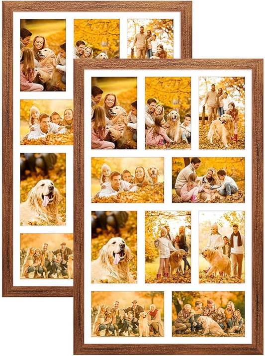 13x21 Collage frame with 10 Openings 4X6 Pictures, Multiple Picture Frame with Mat, Wall or Tabletop Decor, Carbonized Brown Wood Grain,2 Pack