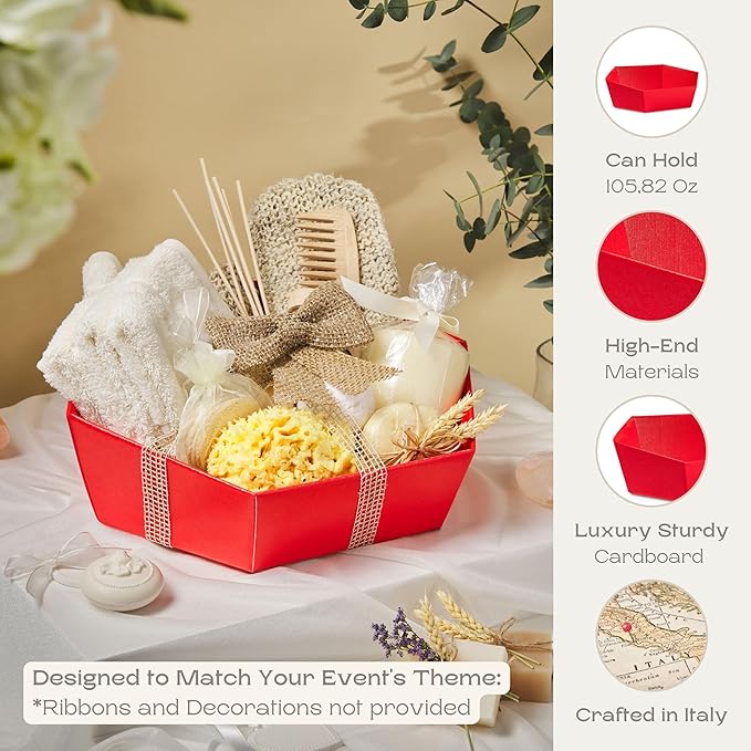 Pack of 5 Baskets for Gifts - Empty Gift Baskets to Fill Ideal for Christmas Gift Baskets and Valentines Day Presents | 11.41" x 9" x 3.34" Red Linen