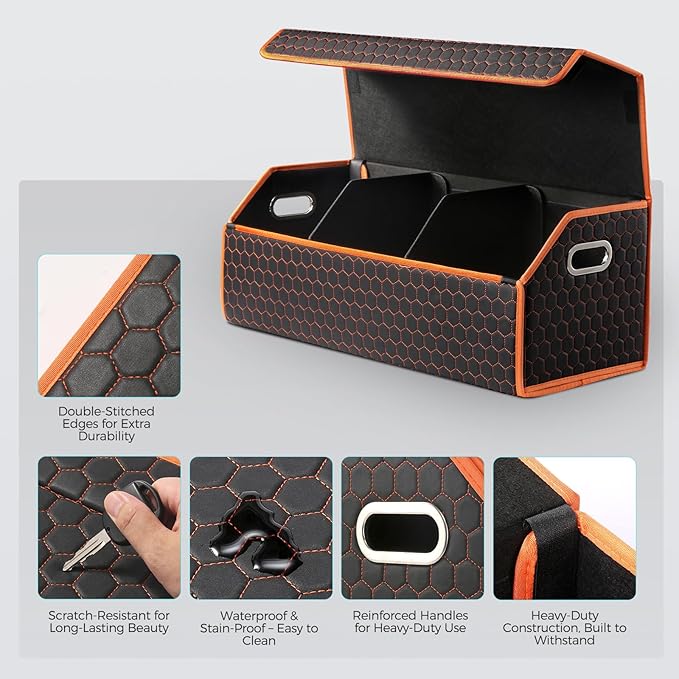 Car Organizers and Storage - Trunk Organizer for Suv Car,Car Trunk Leather Storage Box,Extra Large,Magnetic Lid,Collapsible and Adjustable